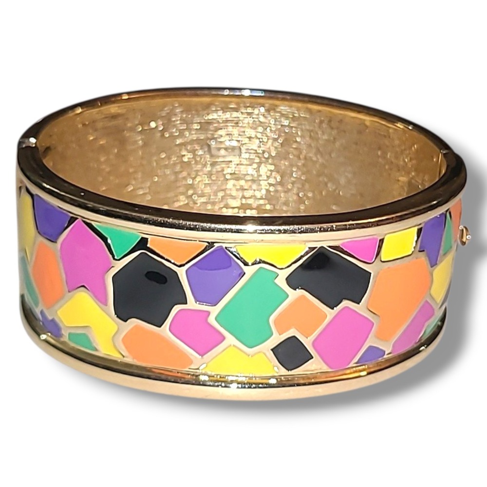 Erwin Pearl Colorful Enamel Mosaic Hinged Bangle Bracelet Gold Tone Wide